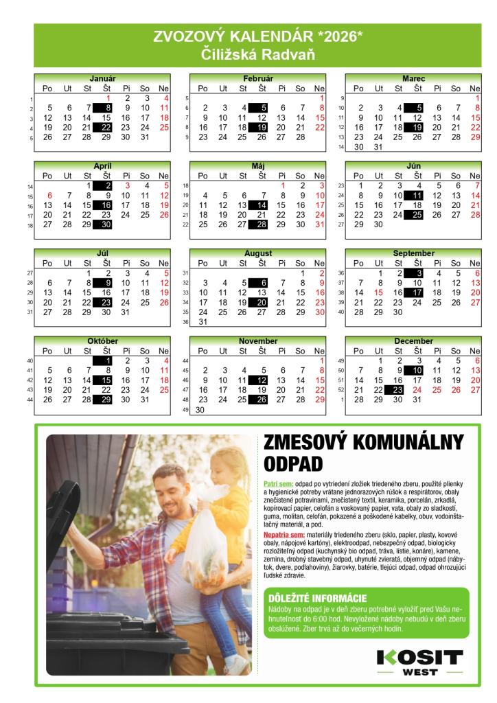 Harmonogram zberu komunálneho odpadu v&nbsp;roku 2026