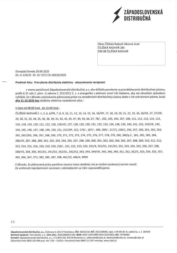 Tervezett villany kimaradás községükben 2025.&nbsp;október 21&nbsp;- 8:00-15:00